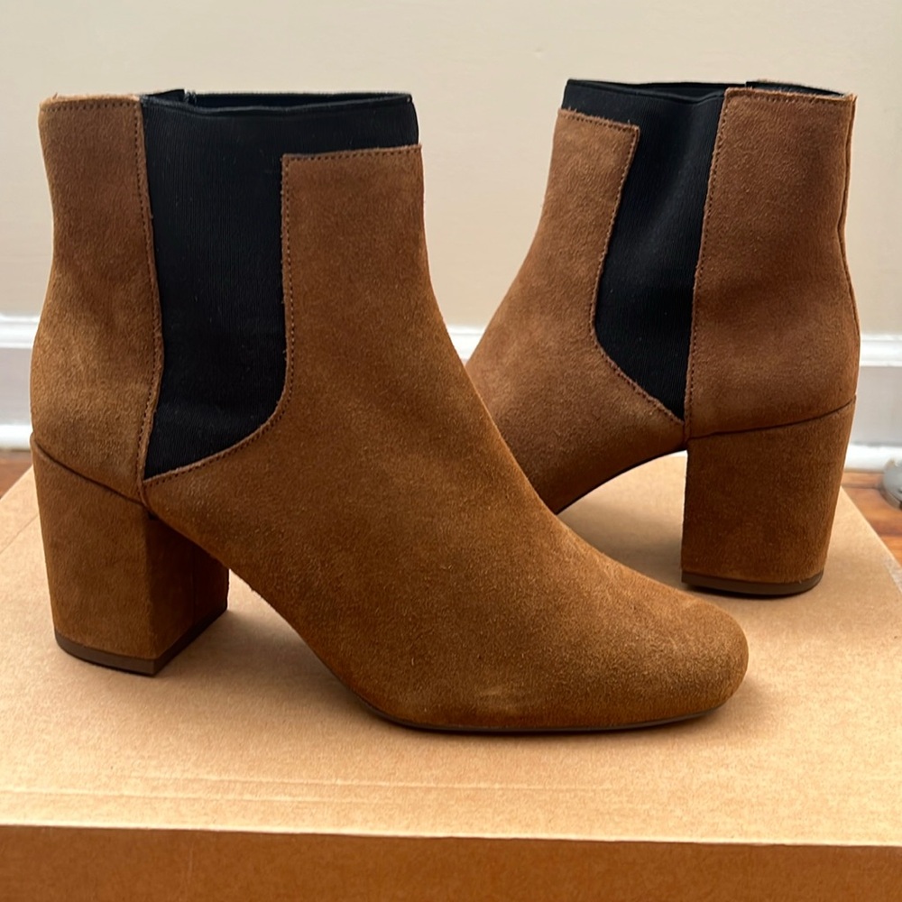NEW Zara Suede Leather Ankle Booties in Cognac Brown, Size 38/ US 7.5